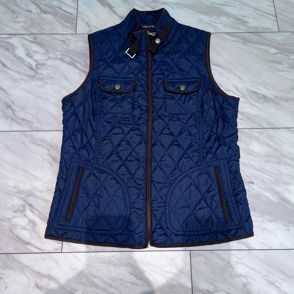 Banana Republic Navy Quilted Equestrian Vest with Brown Accents